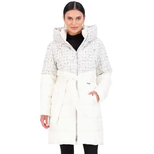 Vince Camuto women's hooded puffer jacket with sparkly tweed panels and removable belt