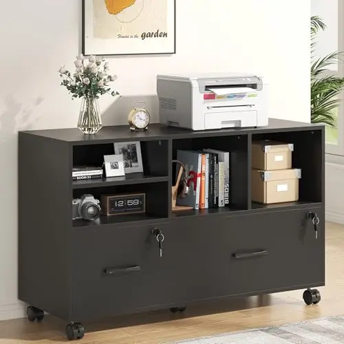 Nosepen black lateral file cabinet with two drawers, shelves, and wheels