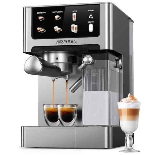 AIRMSEN BCM2308 espresso machine with automatic milk frother and touchscreen in stainless steel