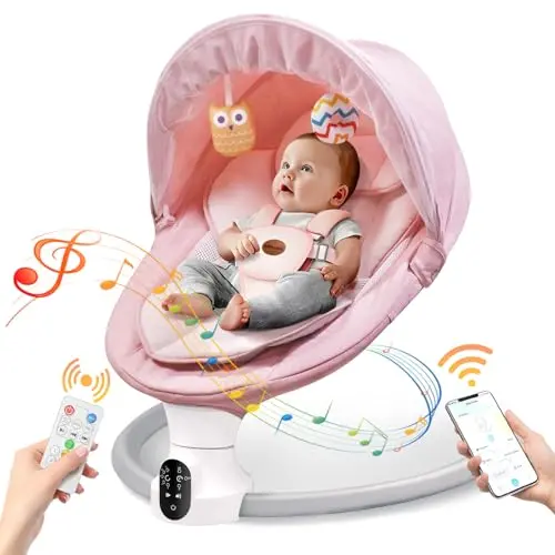 Smelluck pink baby swing with canopy and touch control panel