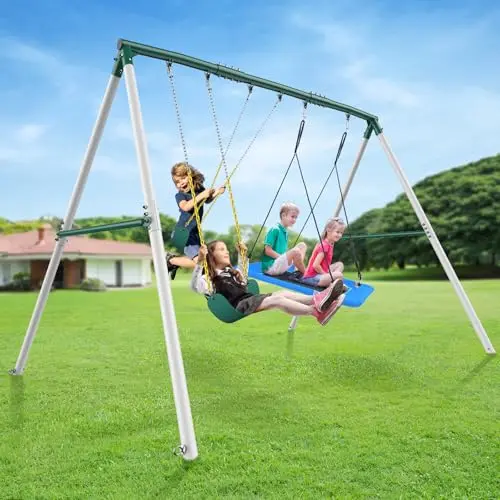 Hapfan white and green metal swing set with three belt swings in a row