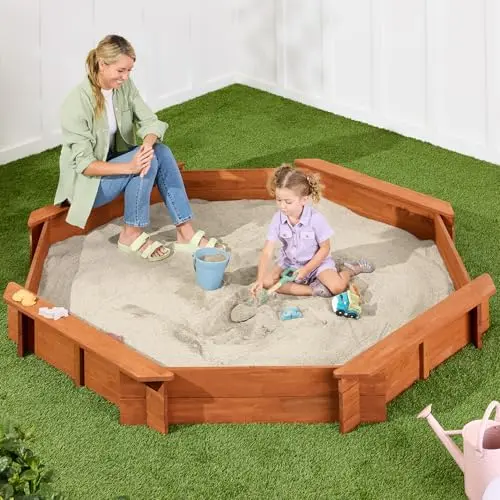 Best Choice Products large octagonal wooden sandbox with benches on each side and a separate cover.