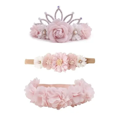 mligril 3-piece set of floral headbands for baby girls with back cotton pad