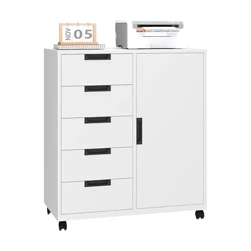 LISSIMO white metal office storage cabinet with five drawers and a door