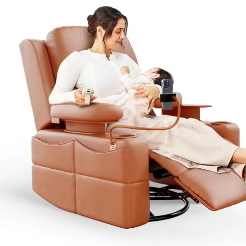 MAMAZING oversized electric glider recliner nursing chair in honey brown with adjustable armrests