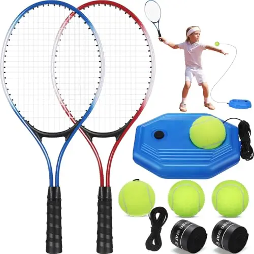 Motionchic set of red and blue tennis rackets with a rebound trainer and equipment