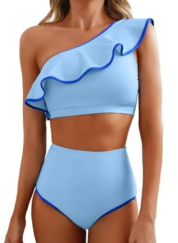 Herseas women's one-shoulder bikini set with ruffle hem and full lining