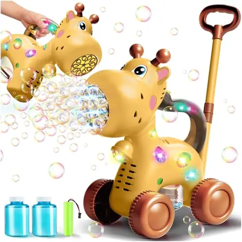 Giraffe-shaped bubble machine with handle and flashing lights