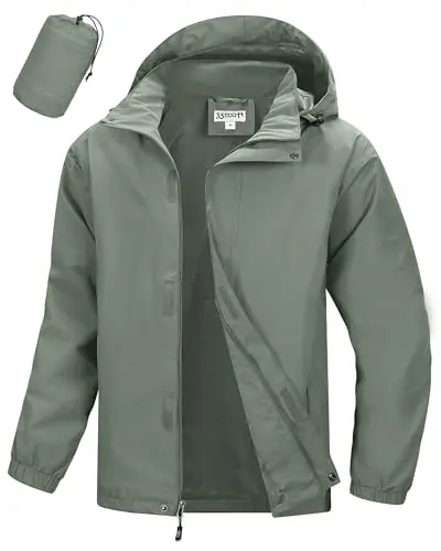 33,000ft Men's lightweight gray rain jacket folded into its own pouch.