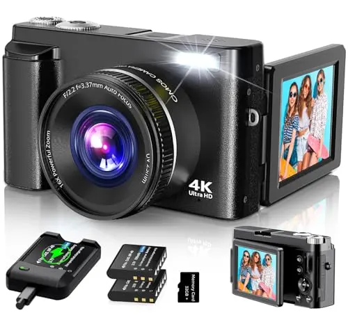 DULUVULU compact black digital camera with flip screen in hand