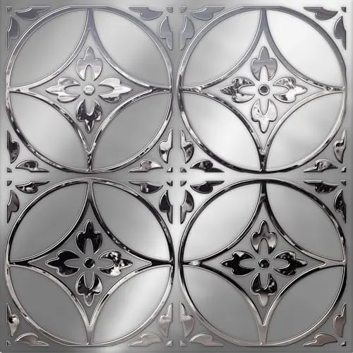 Silver floral circle design peel and stick paper wallpaper tiles