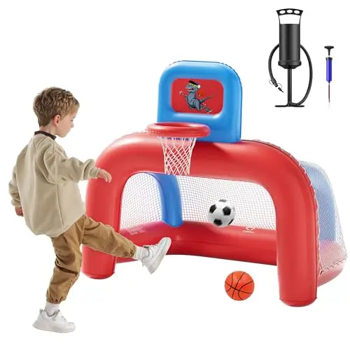 Inflatable toddler basketball hoop and soccer goal combo set