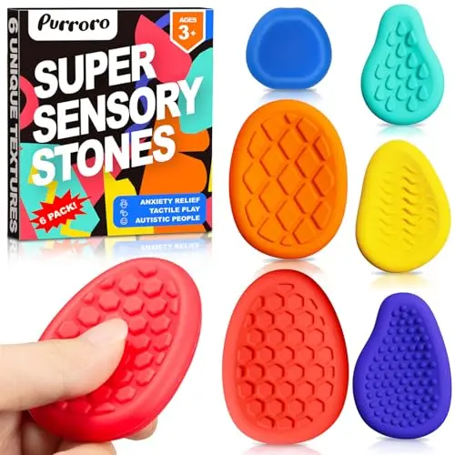 A set of six small, colorful silicone worry stones, each with a different raised texture pattern.
