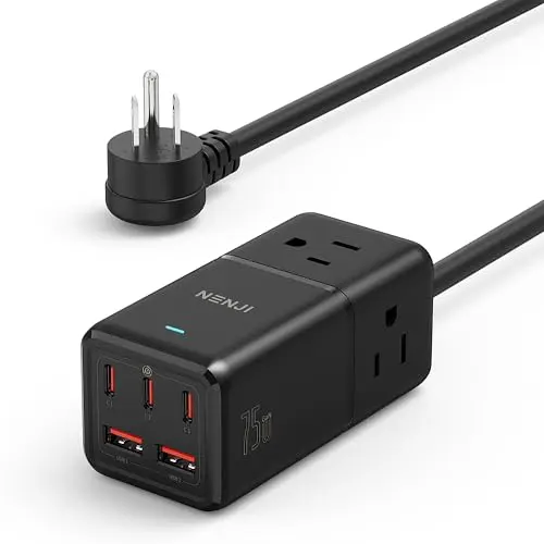 NENJI black 8-in-1 power strip with 5 USB ports and 3 AC outlets