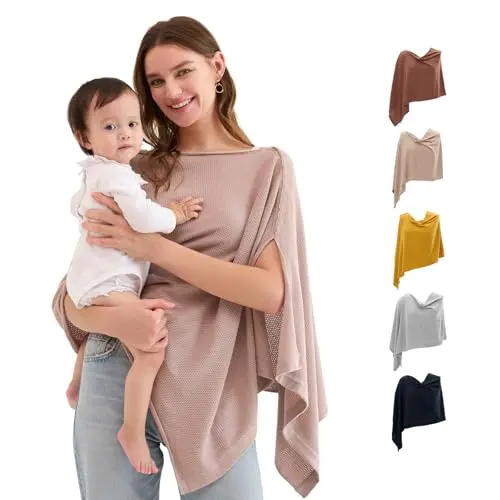 Momcozy nursing shawl in Brown, designed as a fashionable poncho