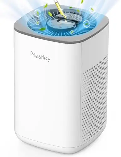 Priestley white cylindrical air purifier with a top aroma pad for essential oils