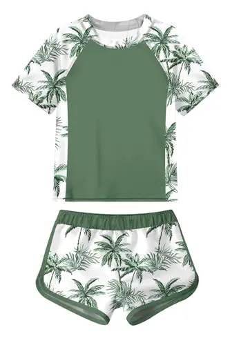ADUKIDE green tankini and short set for girls with tropical coconut tree print