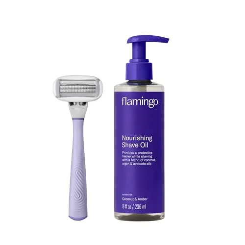 Flamingo Razor Shaving Set for women with 5-blade razor, nourishing shave oil, and shower holder in lilac