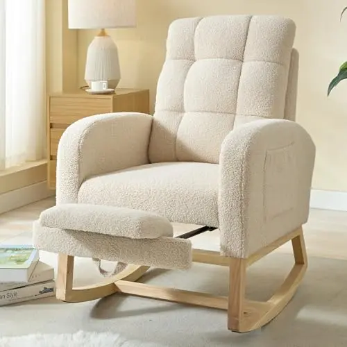 NIOIIKIT apricot colored teddy fabric rocking chair with footrest