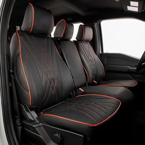 EKR F150 seat covers in black with red trim, installed on a SuperCrew truck with a factory leather look.