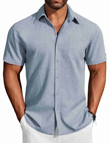 COOFANDY men's light denim blue short sleeve casual button-up shirt