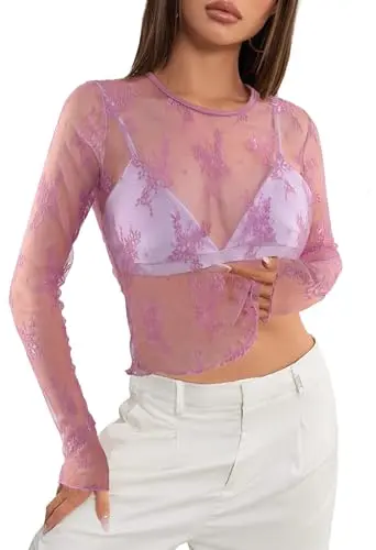 Merokeety Women's Long Sleeve Lace Sheer Mesh Top in pink with crewneck and floral embroidery