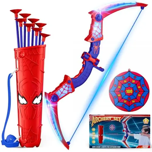 Spider-Man themed bow and arrow set with LED lights and a web target
