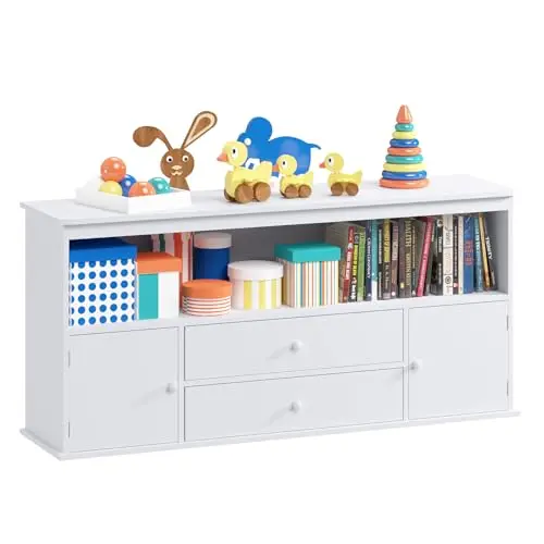 White engineered wood toy storage organizer with two drawers, two open cubbies, and a raised back panel
