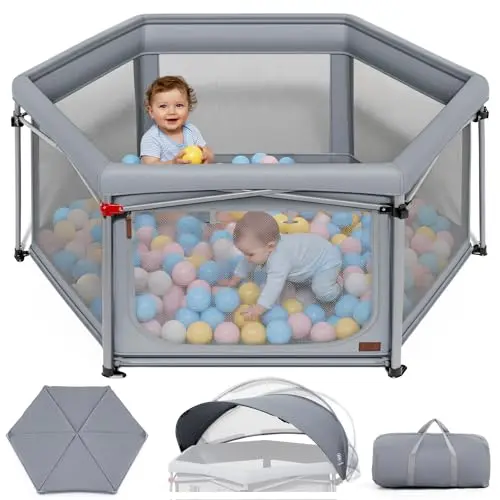 Grey Ever Advanced playpen with a thick padded mat inside and a rotating sun canopy.