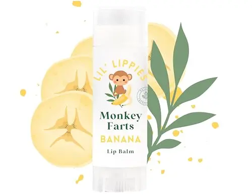 Monkey Farts Banana Cream kids chapstick in a small yellow tube with fun labeling.