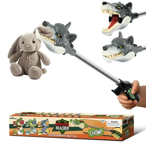 Realistic-looking gray wolf head grabber toy with open jaws, attached to a long plastic handle