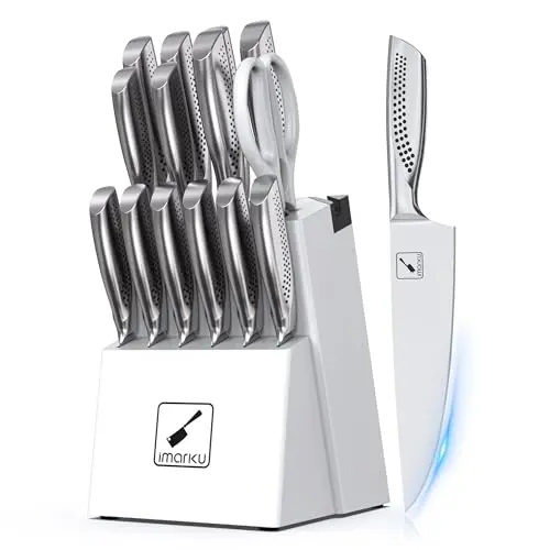 imarku 15-piece knife set with wooden block, built-in sharpener, and dotted handles