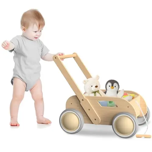 Traditional wooden baby walker with a deep storage basket and anti-tip back wheels