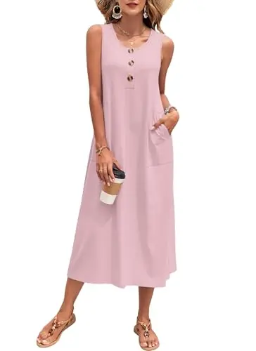 Long, flowy maxi dress with a crew neck and pockets