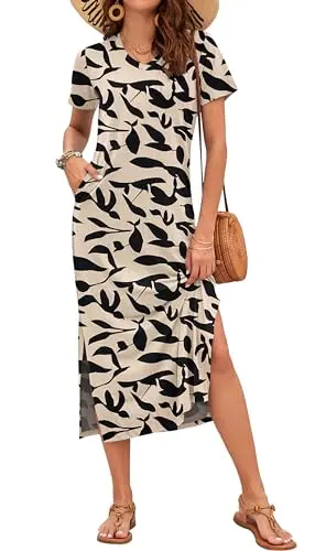 MISFAY women's short sleeve v-neck long maxi t-shirt dress with side split
