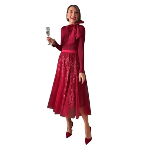 Chicwish women's red sequin-embroidered mesh midi skirt with double layers and elastic waist