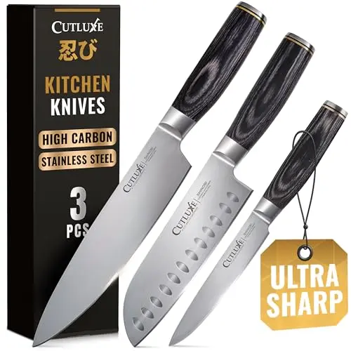 Cutluxe Shinobi Series 3-piece chef knife set with gray pakkawood handles