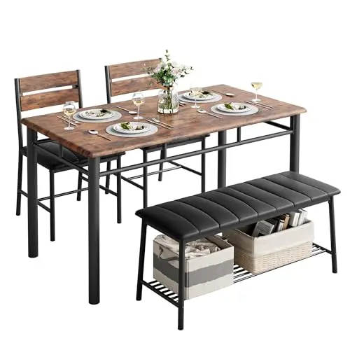 IRONCK rustic brown dining table set with metal frame, two chairs, and upholstered bench