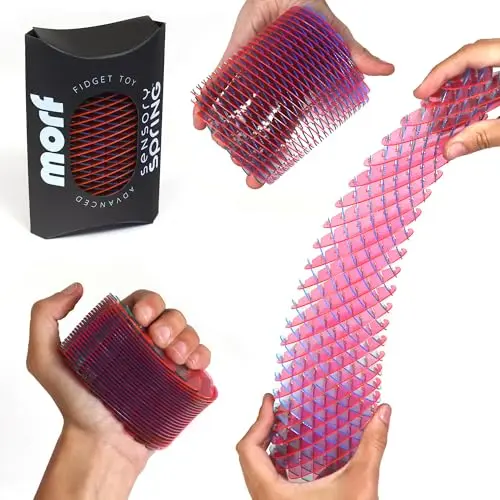 A Morf Fidget Sensory Spring in a berry color, stretched out to show its coil design.