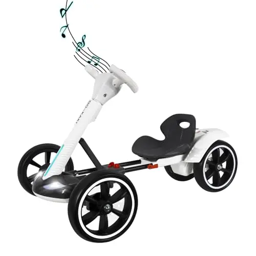 HEYTENT foldable white electric go kart for young children, showing its compact folded size.