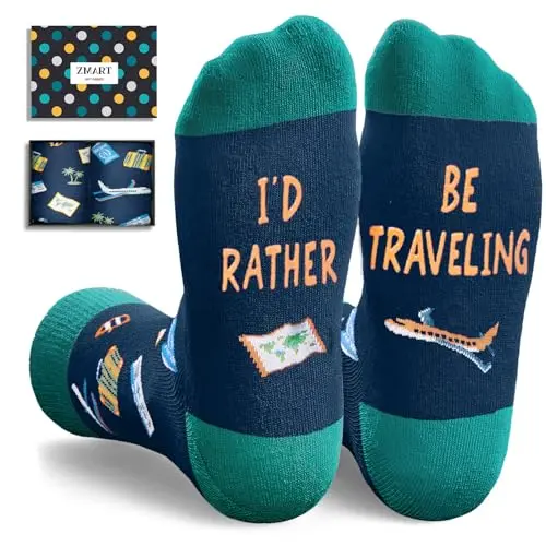 Pair of grey socks with airplane, passport, and 'I'd Rather Be Traveling' print