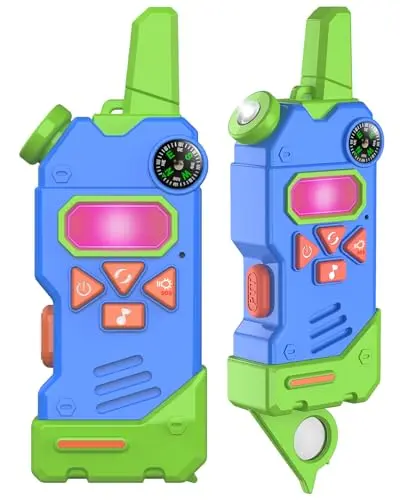 Gowtimly kids walkie talkies in blue with built-in compass, flashlight, and magnifying glass