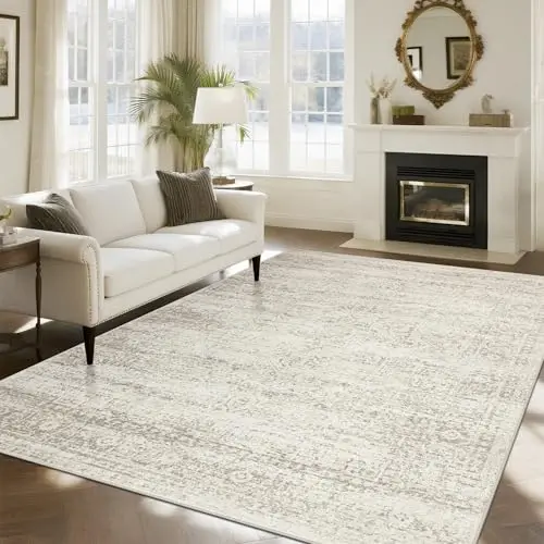 Srugn beige and cream vintage-style washable area rug on a floor