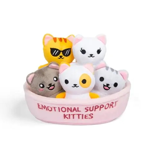 Five small, colorful, and squishy plush kitten toys in a woven basket