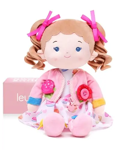 LeyaDoll soft plush doll with buttons, zippers, and a bow for dressing practice