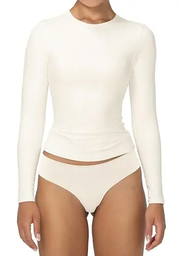 Sunzel Long Sleeve Top in beige color showing slim fit and crew neck