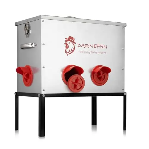 Darnefen galvanized steel automatic chicken feeder with locking lid on a raised stand