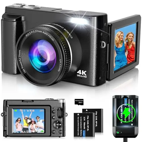 Oiadek 4K digital camera with 3-inch flip screen facing forward for a selfie