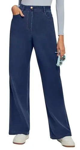 IUGA Wide Leg Jeans in classic blue, showing stretchy, sweatpant-like fabric and high-waisted fit.