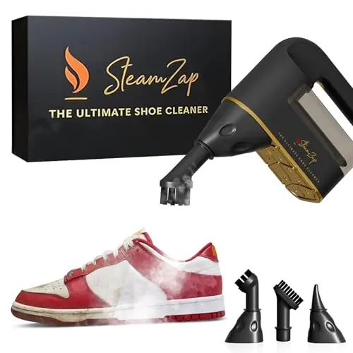 SteamZap handheld steam cleaner with attachments cleaning a sneaker.